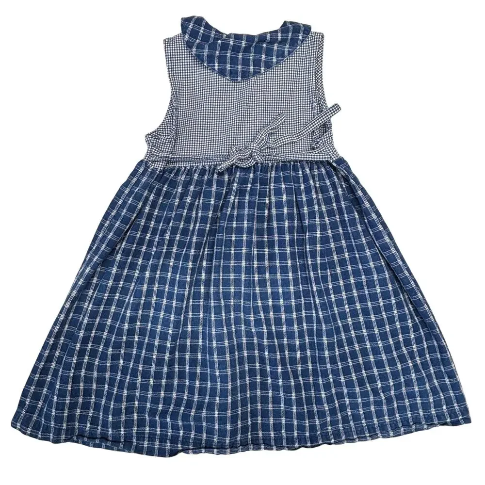 Vintage OshKosh B'Gosh Dress Girls 6X Blue Plaid Gingham Cherry Jumper Made USA